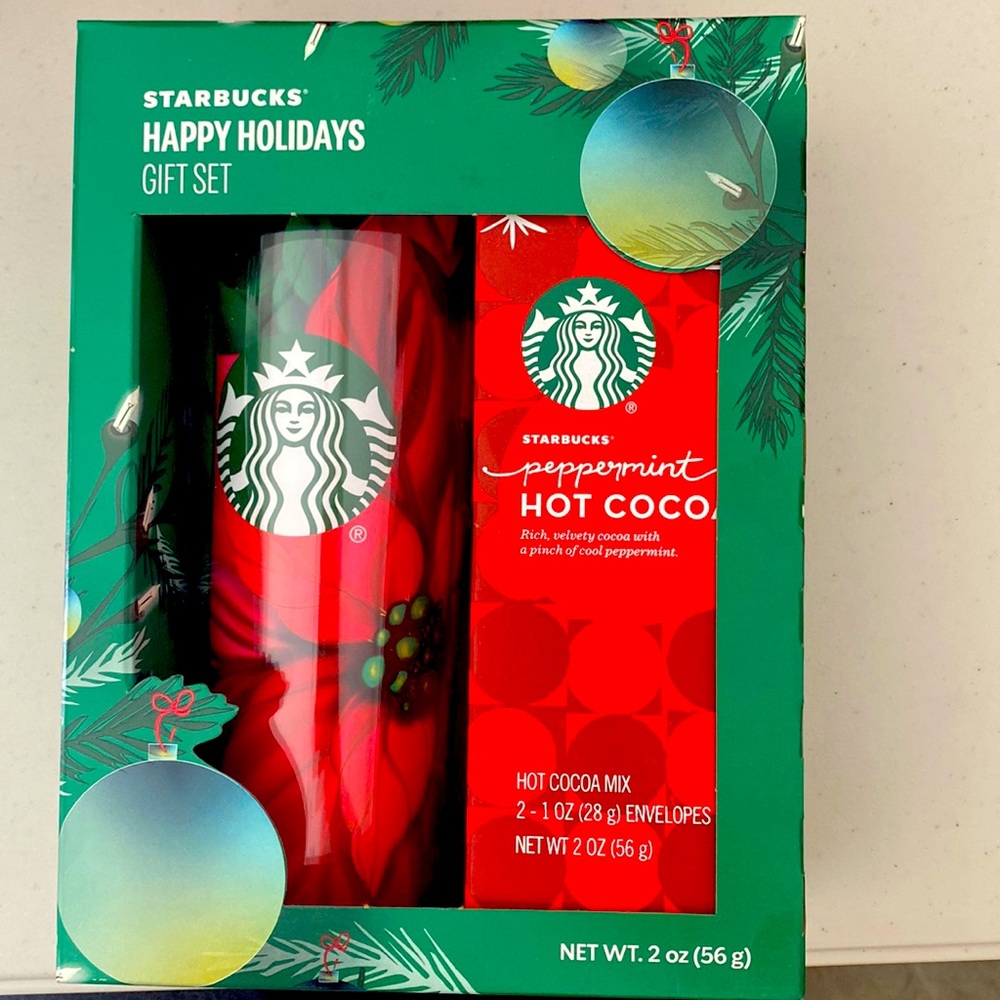 NWT STARBUCKS Holiday Gift Set Tumbler with peppermint Hot Cocoa mix
